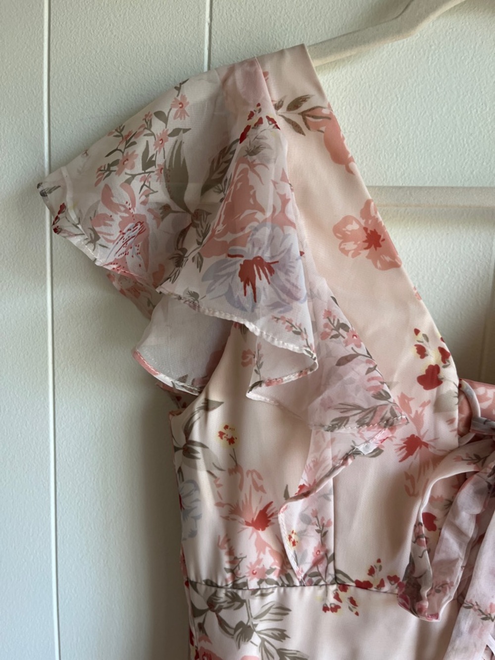 Amazon Pink Floral Ruffle V-Neck Maxi Wrap Wedding Mother Dress Sz Med - Picture 9 of 11